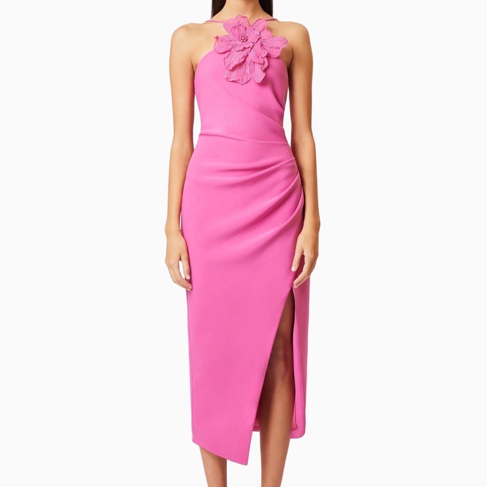 Elliatt Hot Pink Strapless Floral Appliqué Midi Dress